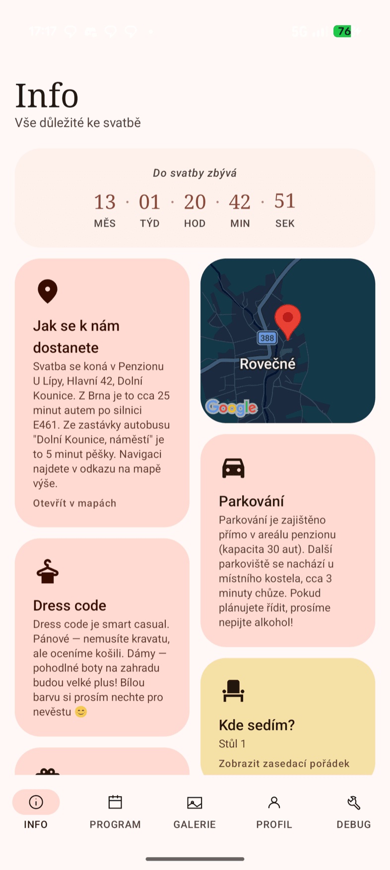 Info — ukázka obrazovky