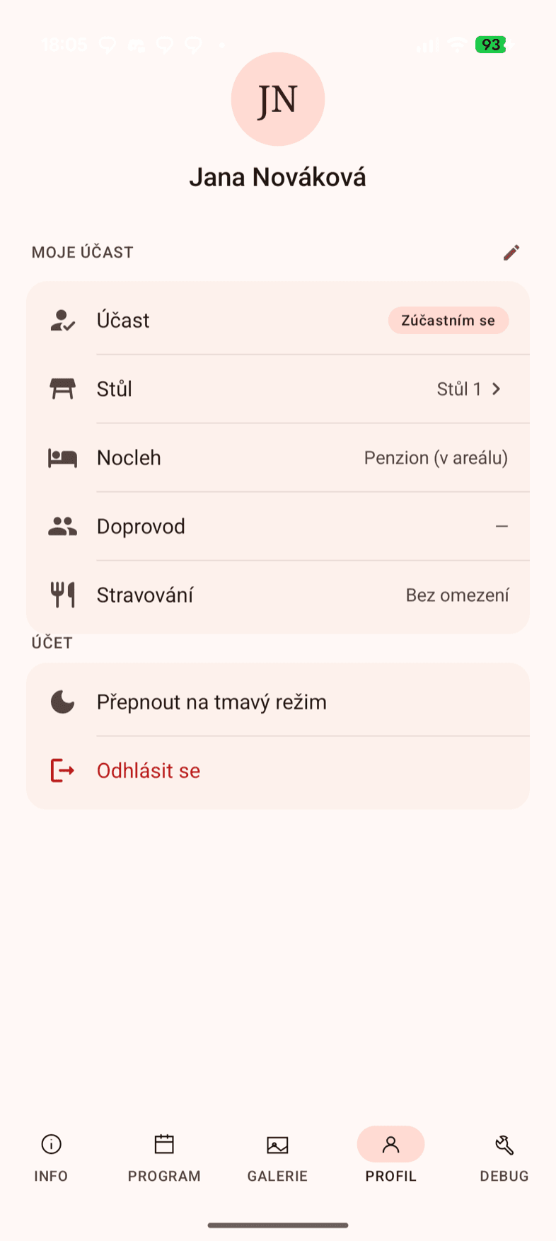 RSVP & Profil — ukázka obrazovky